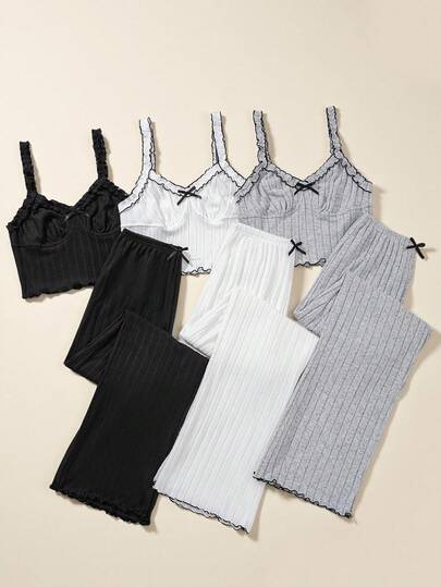 Snug Zone 3pcs Bow Decor Ribbed Camisole & Pants Pajama Set