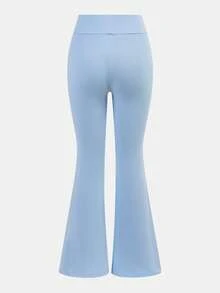 Girlism 2件套少女基础款中筒喇叭裤，黑色和蓝色腰带交叉设计修身休闲喇叭裤套装 - 藍色 - 查看 5