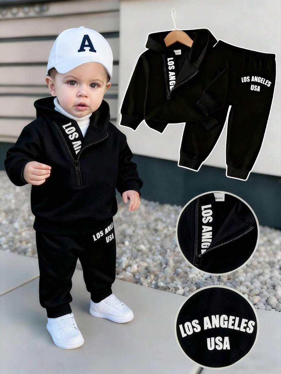 SHEIN Playful Pals 男婴字母印花连帽卫衣和松紧腰字母印花裤两件套，适合外出、休闲穿着，秋冬季节适用，男婴套装，灰色卫衣套装，男婴运动服，男婴运动套装，男婴连帽衫套装，男婴休闲套装，男婴服装，男婴服装套装 - 黑色 - 查看 1