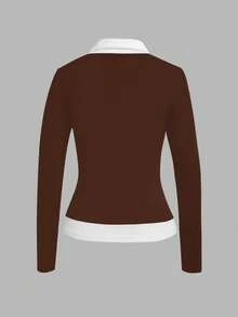 Glimmora Áo cánh dài tay cổ bẻ dành cho nữ - màu nâu - Xem 2