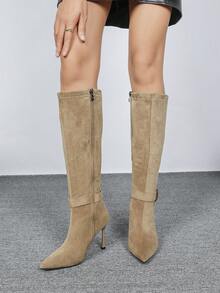 CUCCOO BIZCHIC Botas de gamuza con tacón de aguja para mujer, botas altas sobre la rodilla con tacón alto para otoño/invierno, nuevas botas altas con hebilla de metal para uso casual/fiesta/oficina con punta puntiaguda y cremallera lateral, cómodas botas de tacón alto delgado en color albaricoque