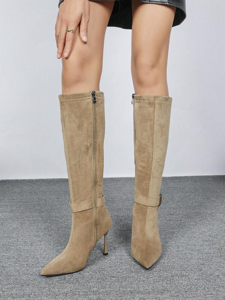 CUCCOO BIZCHIC Women's Fashion Suede Stiletto Commuter Boots, High Heel Over-The-Knee Boots For Autumn/Winter, New Metal Buckle Casual/Party/Office Pointed Toe Tall Boots With Side Zipper, Comfortable Slim High Heel Boots In Apricot For Christmas