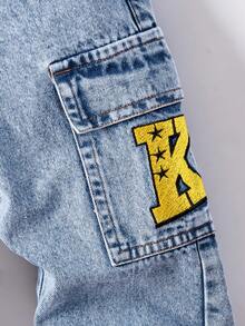 SHEIN 男童休闲宽松直筒撞色缝线工装牛仔裤 - 中等水洗藍 - 查看 5