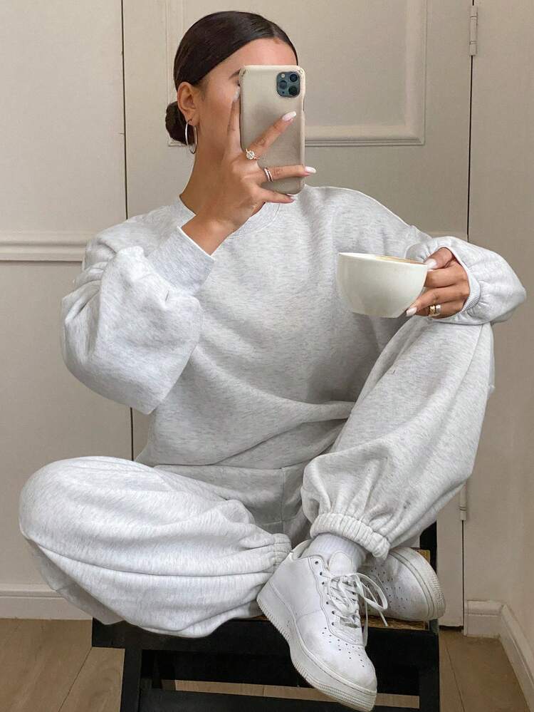 2pcs/Set Women Solid Color Loose Crew Neck Long Sleeve Sweatshirt & Sweatpants Set With Thermal Lined,Fall Women Clothes Tracksuits Women Set Lounge Sets For Women
