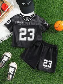 SHEIN 2 Stück/Set Baby Jungen süßer Sportlich Lässig Sommer Schwarzes Zahlen Muster Locker Kurzarm Top und Elastischer Taille Shorts Set, Sportoutfit für Basketball, Fußball - Verschiedenfarbig - Übersicht 4