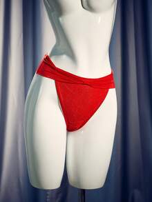 MidnightGlam 1件装 女士优雅性感极简蝴蝶结腰部银线网纱圣诞丁字裤 - 紅色 - 查看 6