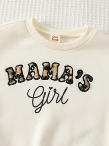 Cozy Pixies Baby Girl White Autumn Cute Matching Family MAMA'S GIRL Leopard Print 2-Piece Set,Thermal Lined Soft Knit Long Sleeve Pullover Sweatshirt&Pants Outfit - Apricot - View 8