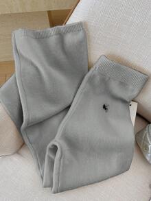 Elamini 女式休闲百搭户外白色刺绣长款系带针织毛衣裤 - 淺灰色 - 查看 6