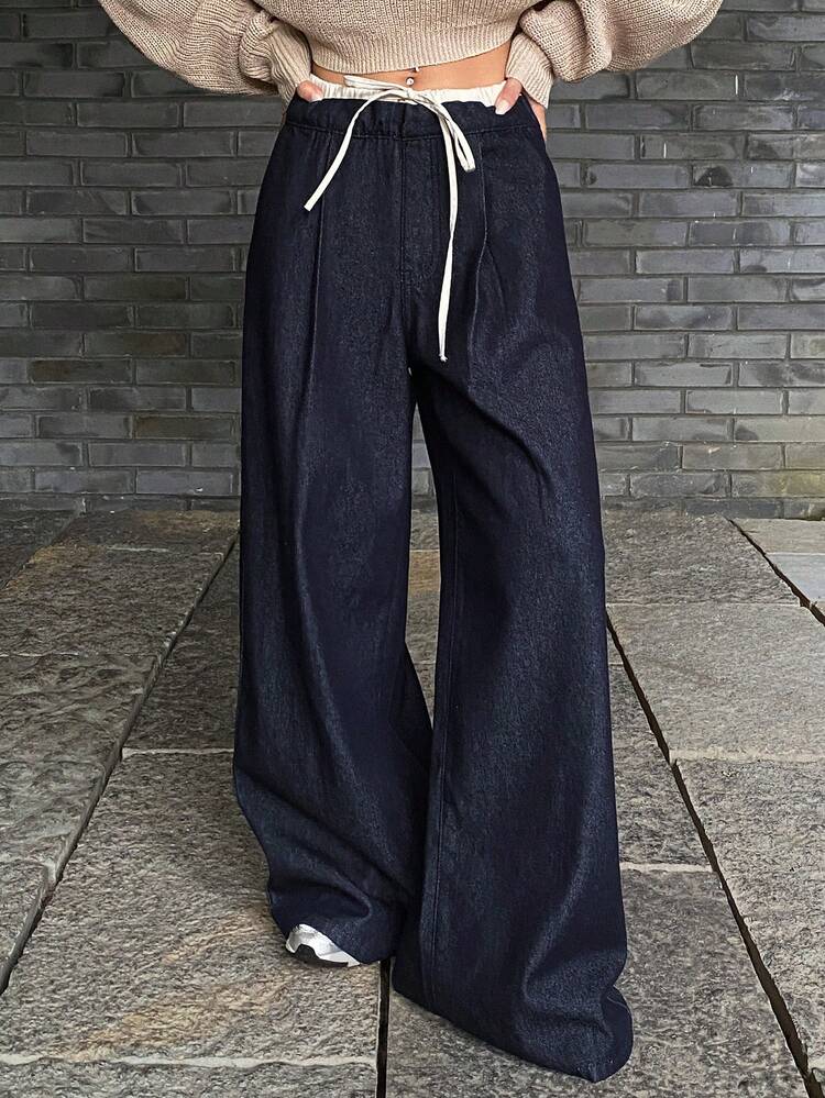 Women's Regular Waist Contrast Color Patchwork Belt Decor Loose Wide Leg Jeans