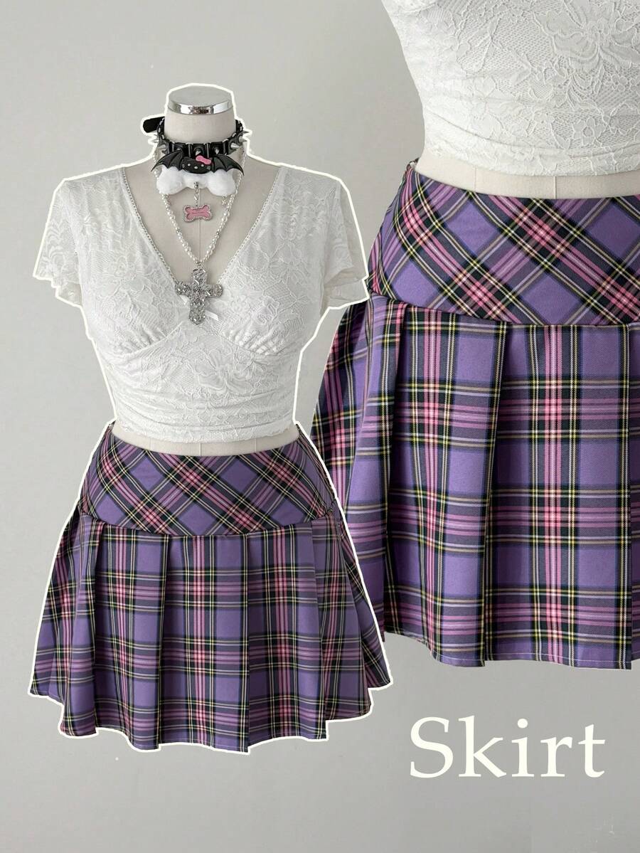 Sunspun 复古紫色高腰百褶裙，修身A字迷你裙，学生夏季裙装 - 紫色 - 查看 1