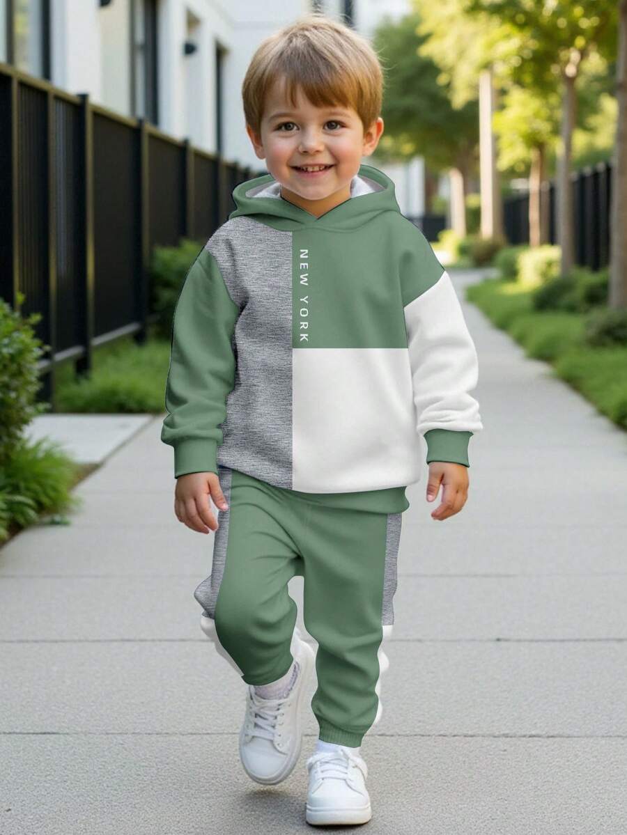 Set 2 buc. Băieți tineri, casual, la modă, clasic, cool, colorblock, patchwork, imprimare, croială lejeră, hanorac și pantaloni, potrivit pentru toamnă/iarnă - Multicolor - Vizualizare 1