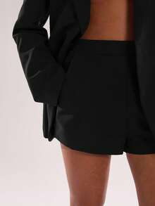 SHEIN BAE 女士纯色翻领长袖单排扣外套和短裤休闲套装 - 黑色 - 查看 8