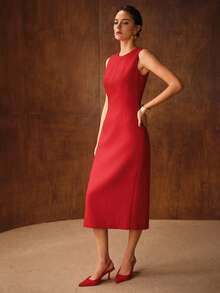 MOTF PREMIUM WOMEN'S WOOL BLEND MINIMALIST STRUCTURED MID-LENGTH FITTED DRESS - Red - View 4