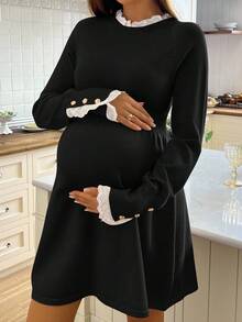 SHEIN 孕妇蕾丝拼接A字针织长袖毛衣连衣裙，休闲日常穿着 - 黑色 - 查看 3