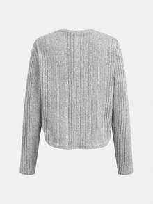 SHEIN 少女灰色罗纹针织英文Logo圆领长袖T恤搭配喇叭裤休闲套装 - 灰色 - 查看 4