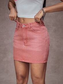 SHEIN Essnce 女士口袋装饰休闲百搭牛仔迷你裙 - 粉色 - 查看 3