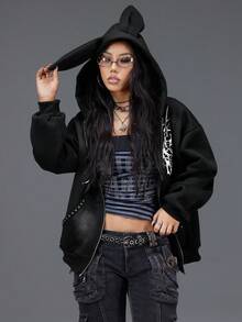 Bloopia 复古摇滚叛逆甜美酷女孩风格时尚优雅百搭女款秋冬新款哥特兔耳印花宽松休闲连帽长袖卫衣外套