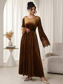 Al Najma Rochie arabică brodată cu dantelă, culoare solidă, din catifea coreeană, 2025, nouă, rochie de petrecere - Kaki - Vizualizare 3