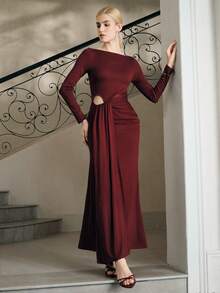 Anewsta Vestido largo de manga larga, cuello redondo y ajustado con lazo, color burdeos, nueva llegada para otoño - Burdeos - Ver 6