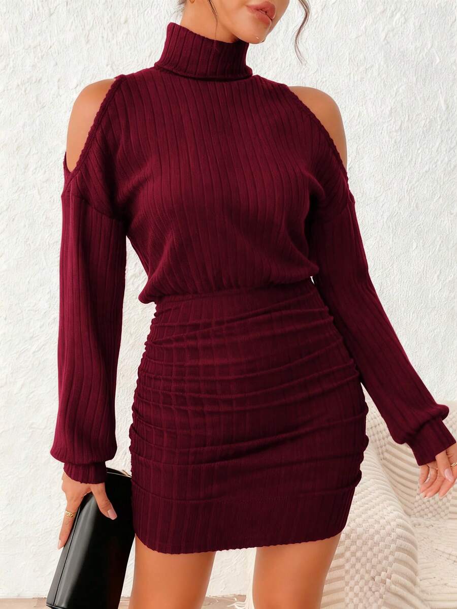 INAWLY Women's Solid Color High Neck Off Shoulder Long Sleeve Ruched Ribbed Fashionable Mini Dress - Burgundy - View 1