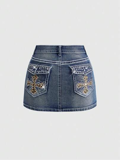 J-Fashion Y2K Retro Low-Waist Vintage Leopard Print Cross Embroidered Harajuku Sexy Women Denim Mini Skirt