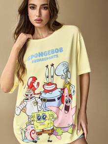 SpongeBob SquarePants | SHEIN Women's Casual Everyday Commute Cute Cartoon Letter Graphic Loose Fit Drop Shoulder T-Shirt, Light Yellow - Light Yellow - View 4