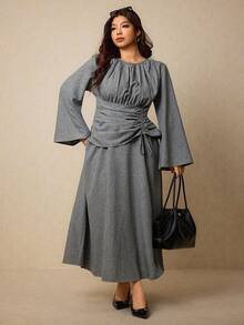 Elaquor Plus Size Women Solid Color Round Neck Flare Sleeve Pleated Casual Dress Office Old Money - Grey - View 6