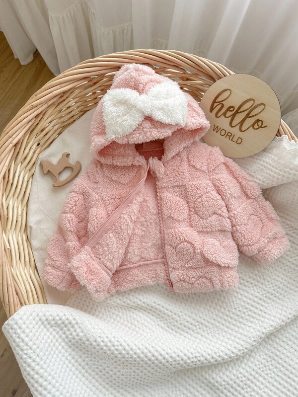 SHEIN Veste à capuche zippée devant avec manches longues et cœur en peluche pour nouveau-né fille