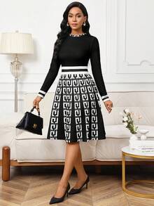 SHEIN Lady 女士几何印花圆领长袖优雅中长连衣裙 - 黑與白 - 查看 7