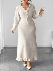 Elenzga 大码纯色长袖休闲毛衣连衣裙