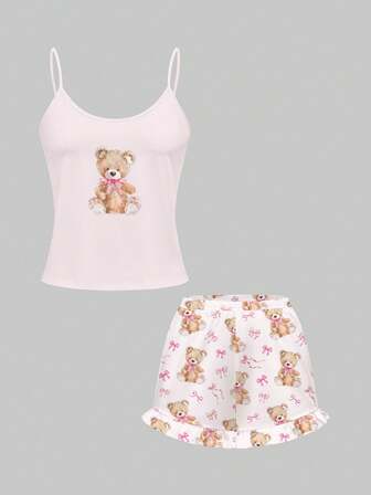 Kawaii Set pigiama con canottiera e pantaloncini con stampa di orsetto teddy e fiocco, abbigliamento casual da relax
