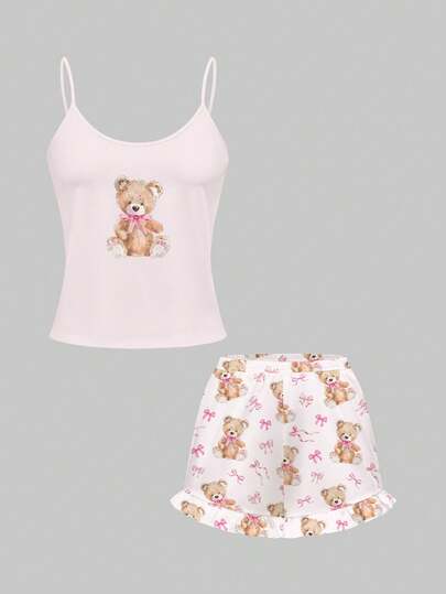 Kawaii Ensemble pyjama camisole et short imprimé nœud et ourson mignon, tenue de détente casual