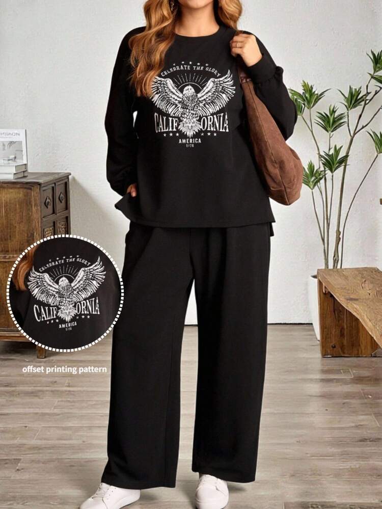 Conjunto informal de 2 piezas de camiseta de manga larga con estampado de águila y pantalones de pierna ancha para mujer de talla grande