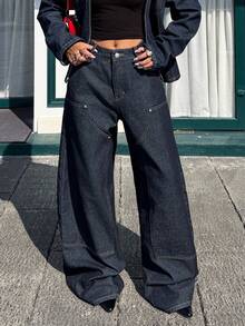 Muchica 女士宽松时尚休闲百搭街头风蓝色牛仔裤 - 藍色 - 查看 5