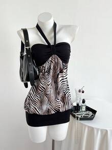 Elamini Robe sexy femme à col ras-du-cou, froncée, avec imprimé zébré blocs de couleurs