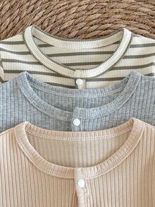 3pcs/Set Infant Boys' Ribbed Textured Ribbed Casual Cartoon Pattern Romper Outfit - Multicolor - View 4