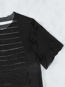 Swim Vcay 女士纯色露背破洞短袖网纱罩衫连衣裙，度假款 - 黑色 - 查看 4