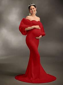 Cheriluna Maternity 孕妇写真礼服/优雅派对礼服/迎婴派对礼服 - 褶皱无肩带修身针织连衣裙，正式礼服/圣诞派对礼服/红色礼服/优雅派对礼服 - 紅色 - 查看 7