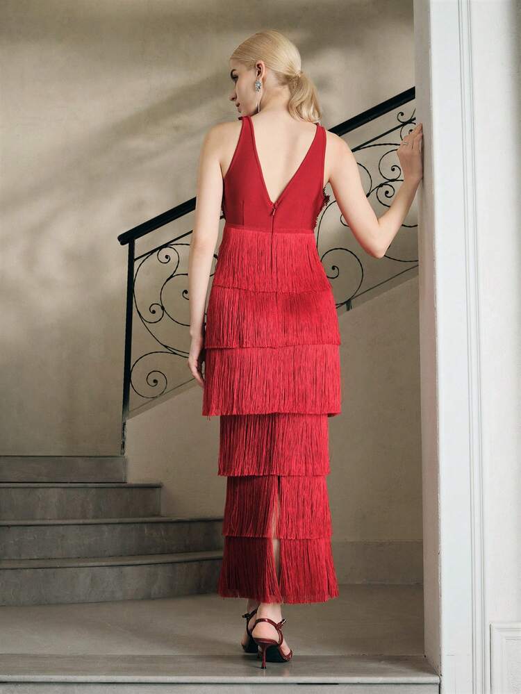 Wine Red Bandage Deep V Floral Patchwork Tassel Layered Dress, Elegant Wedding Guest Gown For Women, Autumn/Winter