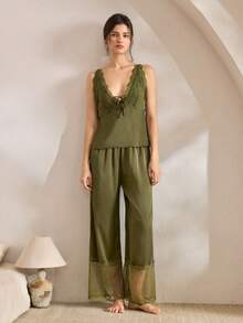 Ocili 2pcs Bohemian Style Lace Trim Camisole & Pants Sleepwear Set, Comfortable Women Pajamas - Dark Green - View 4