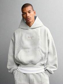 SUMWON 短款连帽衫，饰有刺绣 Logo 和罗纹下摆，适合休闲冬季街头服饰，纯色款 - 灰色 - 查看 1