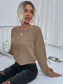 EMERY ROSE Áo len dệt kim dáng rộng màu trơn hở vai đơn giản cho nữ màu xám - Màu nâu  Mocha - Xem 6