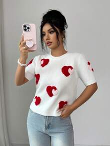 SHEIN Elenzya Blusa feminina leve de malha com estampa de corações em jacquard, manga curta e estilo delicado. - Branco - Ver 1