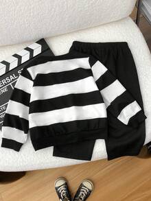 2 件儿童男婴休闲百搭条纹图案圆领套头衫和裤子两件套套装，适合上学、花园、海滩、生日、秋冬季 - 黑與白 - 查看 3