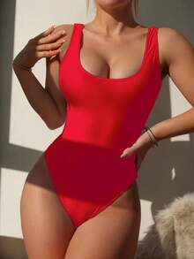Swim Vcay 2025款女士纯色连体泳衣，度假/海滩 - 紅色 - 查看 3