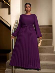 Veslaya 秋冬新款女装，音乐节万圣节服装，生日礼服，日常休闲装，度假装，邮轮旅行装，海滩装，日光浴装，爆款摩卡优雅女王荷叶边袖交叉腰身长款连衣裙，大码婚礼宾客礼服，大码教堂礼服，褶皱长款连衣裙，长袖优雅连衣裙，褶皱连衣裙（大码） - 紫色 - 查看 11