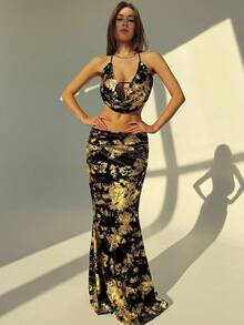 Aloruh Bộ 2 món áo hai dây hở lưng cổ sâu gợi cảm màu đen và vàng + chân váy cạp siêu dài, thích hợp cho tiệc tùng và khiêu vũ - Nhiều màu - Xem 3