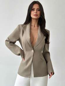 Firerie 女士休闲/办公时尚新款收腰长袖口袋西装外套，卡其色 - 卡其色 - 查看 1
