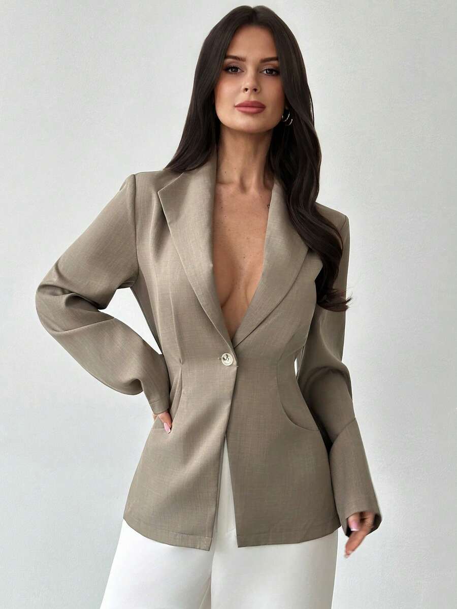 Firerie 女士休闲/办公时尚新款收腰长袖口袋西装外套，卡其色 - 卡其色 - 查看 1