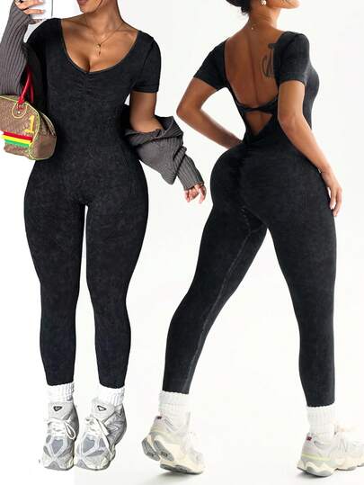 Rhythm Era 1pc Women Plus Size Seamless Washed Matte Crew Neck Sexy Criss-Cross Twist Back Activewear Yoga Fitness Jumpsuit Women Sports Jumpsuits Sexy Seamless Workout Jumpsuits